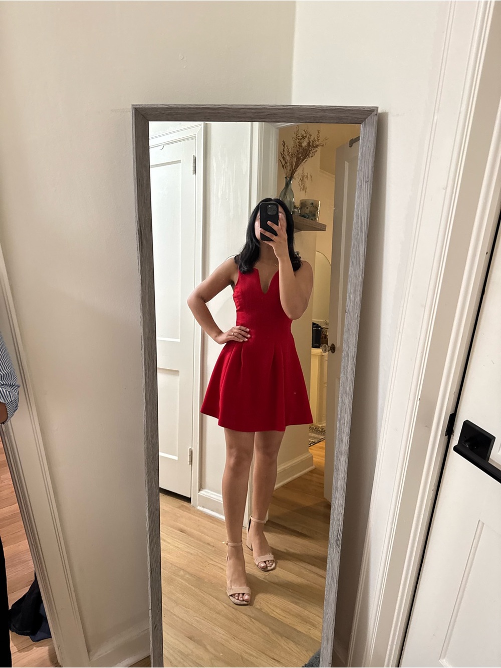 BCBG Red V-Neck Pleated Skater Dress